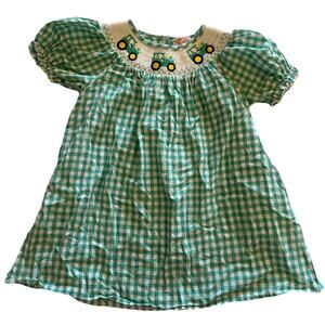 Clover Cottage Green Gingham Smocked John Deere Tractors Bishop Dress Girl Sz 4T